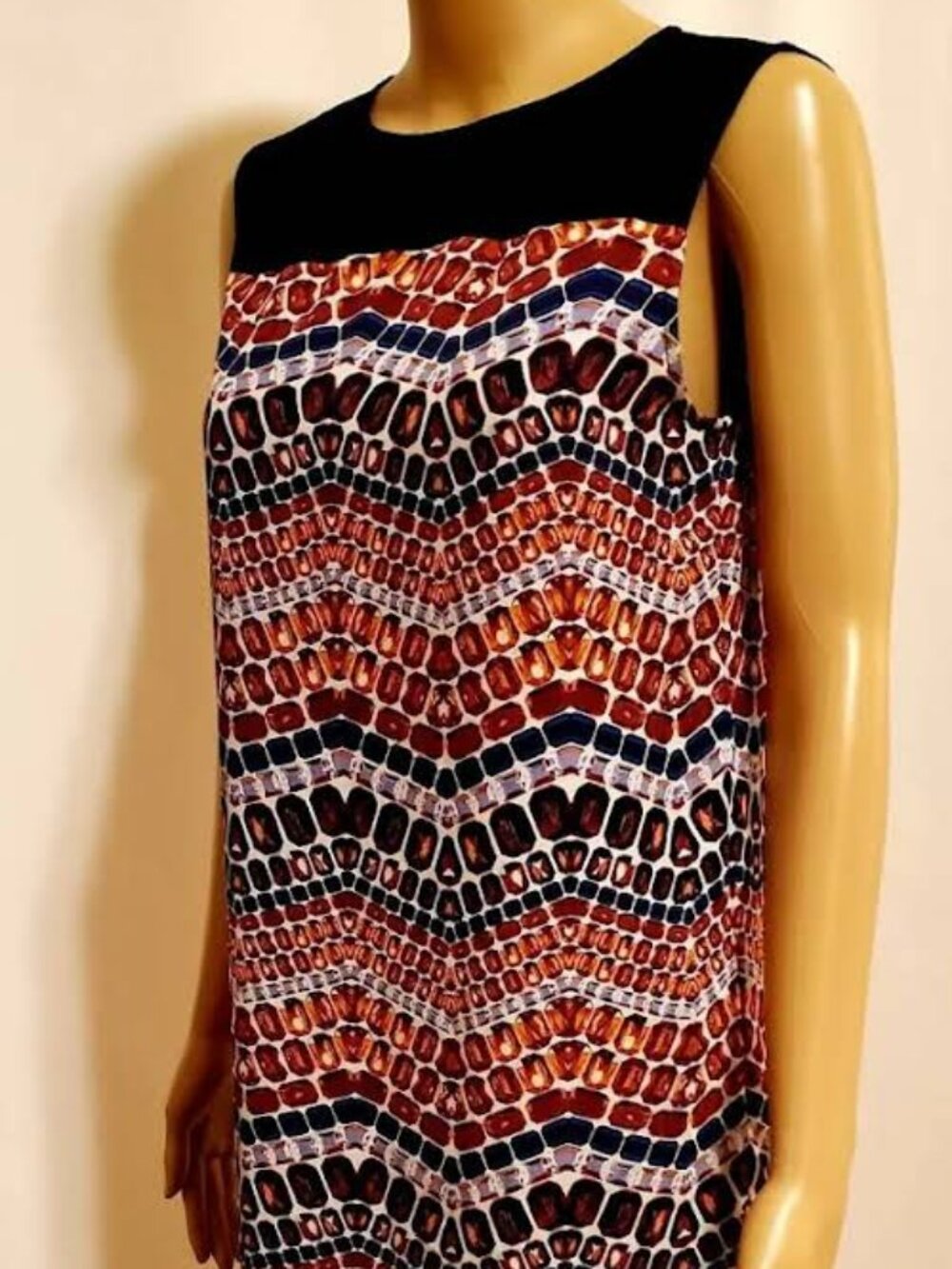 Sam Edelman Black-Yoke Chevron Mosaic Shift Dress in Red, Orange and Navy